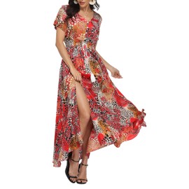 Women's Floral Maxi Dresses Casual Long Summer Boho Beach Dress Short Sleeve Button Up Split Party Dress XL