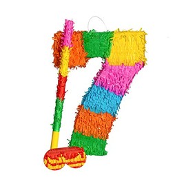 Fax Potato Number 7 Pinata Set with Stick & Blindfold | 35 x 7.5 x 50cm - Green, Red, Yellow