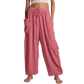 Flygo Women's Wide Leg Pants Summer Casual Loose Fit Beach Palazzo Harem Pants with Pockets(Pink-XL)