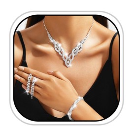JEAIRTS Rhinestone Bridal Wedding Jewelry Sets Silver Crystal Necklace Earrings Bracelet Set Bling Costume Prom Jewelry for Women