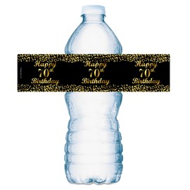 70th Birthday Black Water Bottle Labels; Set of 25 Waterproof Water Bottle Wrappers; Gold and Black Stickers. Happy Birthday Labels. Made in USA.