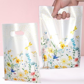 YJSPARKK 100 PCS Party Favor Bags,Goodie Candy Bags with Handles,Flower Pattern Plastic Small Gift Bag Bulk for Birthday,Baby Shower, Wedding, Thanksgiving,Christmas, New Years
