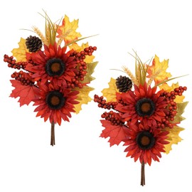 Briful Set of 2 16in Fall Burgundy Sunflower Picks and Sprays with Pinecones Berries Maple Leaves Artificial Fall Floral Branches Stems for Autumn Home Wedding Party Vase Centerpieces Decor