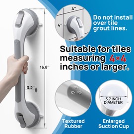 LEVERLOC Grab Bars for Bathtubs and Showers, Shower Handle 17 Inch Strong Suction Bath Handrails, Safety Grip for Bathroom Chair, Bathroom Grab Bar for Senior No Drilling Waterproof,Grey