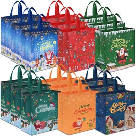 AhfuLife 6 Pcs Christmas Treat Bags Candy Bags with Handles, Reusable Tote Bags, Non-Woven Gift Bags for Christmas Party Supplies (18 pcs)