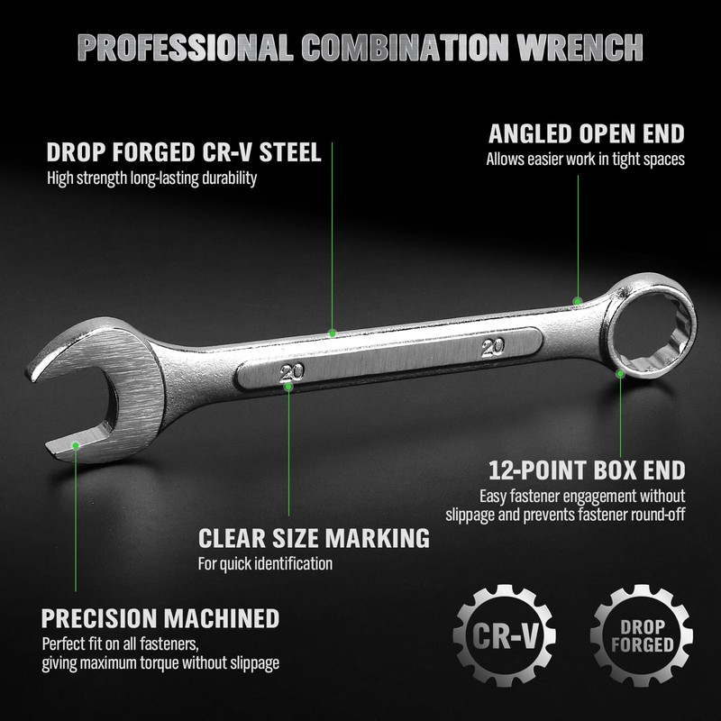30-Piece Combination Wrench Set, Metric (6mm-24mm) & SAE (1''-1/4"), Standard