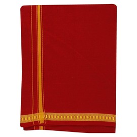 Kolakeer™ Men's Cotton Pentex Dhoti - Kerala Style Single Mundu with Golden Resham Border - 4 Mulam/1.9 Mtrs (Red)