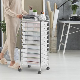MEDIMALL 10 Drawers Rolling Storage Cart, Multipurpose Craft Storage Cart with Wheels, Mobile Tools Scrapbook Paper Organizer Cart for Office School Home Use (Clear)