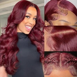 99J Burgundy Lace Front Wigs Human Hair 99J 13X4 HD Transparent Straight Lace Frontal Wigs 180% Density Glueless Pre Plucked with Baby Hair Wigs for Women(22Inch）Baby Hair Wigs for Women(22Inch）