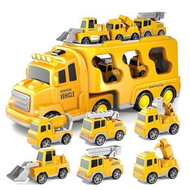 Camin de Juguete para Nio, 7 en 1 Camiones de Transporte de Inercia con Luz y Sonido con 5 Mini Coches y 1 Avin, Juguete Vehculo de Ingeniera...      