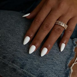 Uñas postizas cortas almendradas, uñas postizas blancas stiletto cortas, uñas acrílicas puntiagudas con cobertura total brillante, uñas postizas con p