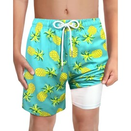 Traje de baño para niños con forro tipo bóxer sin rozaduras, Ropa de niño, Pantalones cortos de natación elásticos UPF 50+, Piña Aqua, 14-16
