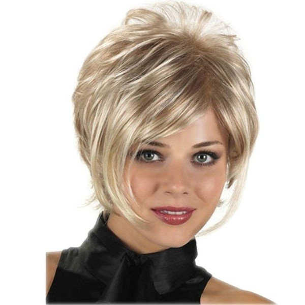 Royalfirst Blonde Pixie Wig Short Curly Synthetic Wigs for Women - Heat Resistant Fiber Fashion Party Full Wig with Bangs + Wig Cap
