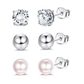 Sllaiss 3 Pairs 925 Sterling Silver Austria Cubic Zirconia Stud Earrings 3-4mm Tiny Studs 18k White Gold Plated Ball Earring Studs Round Earrings for Women Men Austria Pearl Earrings