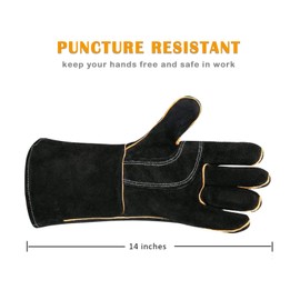 Leather Welding Gloves by LeaSeek - Heat Resistant & Flame Retardant Barbecue Gloves & Fireplace Gloves & Grill Gloves & BBQ Gloves, Heavy duty, Black - 14 "