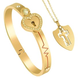 100 Language I Love You Projection Lock Bracelet and Shield Key Necklace for Couple Titanium Steel Romantic Couple Matching Jewelry Gift for Valentine’s Day Birthday - Color: gold