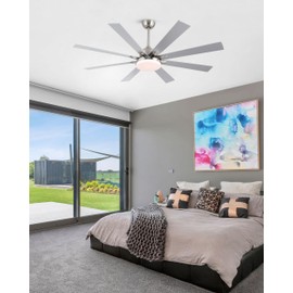 POCHFAN 62 inch Ceiling Fans with Lights and Remote Control, Modern Brushed Nickel Ceiling fan with 8 Wooden Blades for Kitchen Living Room Patio, Quiet DC Motor, 3 CCT Dimmable,6 Speed