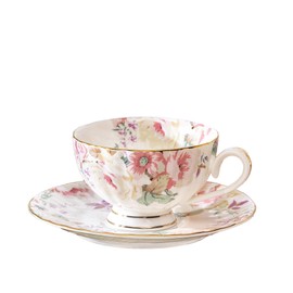 fanquare 8 Ounce Pink Floral Tea Cup and Saucer Set with Spoon, Porcelain Coffee Cup with Gold Trim, Vintage Rose Teacups for Women and Tea Parties