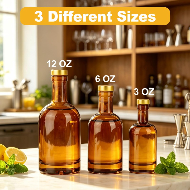 8 Pack 12oz Amber Glass Bottles with Cork Lids, Liquor