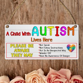 A Child with Autism Lives Here - Essential Autism Safety Awareness MDF Wood Plaque - Colourful Indoor Sign with Important Safety Reminders