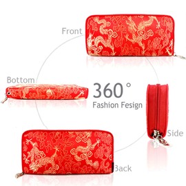Women's Wallet Canvas Wristlets Bag Zip Around Clutch Holder Clutch with Removable Strap Featured Embroidered Multi-card Slot Wallet(Red Dragon)