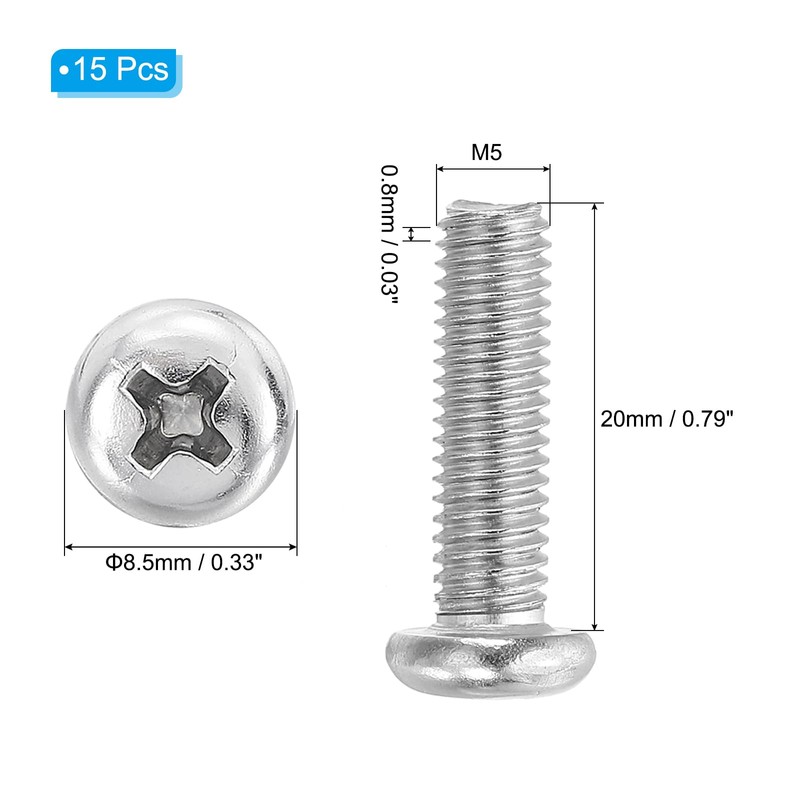 PATIKIL Phillips Pan Head Screws, 15 Pack M5-0.8 x 20mm