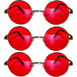 Round Retro Vintage Red Lens Sunglasses Silver Metal Frame 3 Pairs OWL