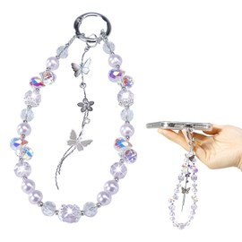 Ephoou Glitter Beaded Phone Charm for Women – Sparkling Crystal Butterfly & Flower Design, Cute Pearl Anti-Lost Cellphone Lanyard Wrist Strap for Phone, Bag & Keys (HD-Purple)