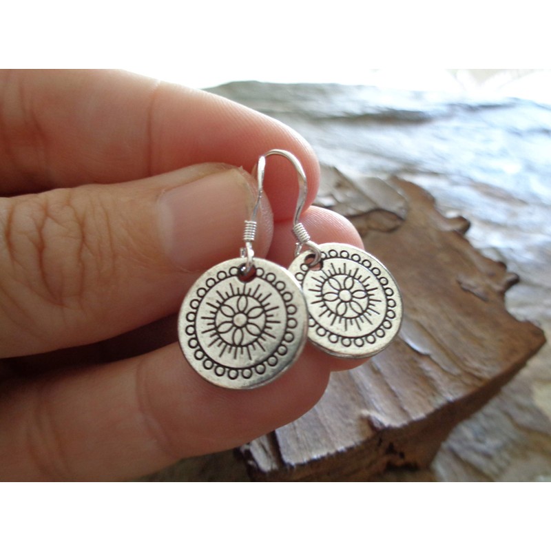 ✿ Small mandala disc 925 silver earring, real silver hook