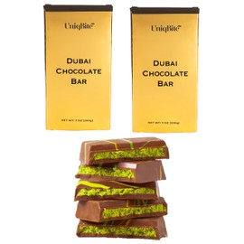 UniqBite Dubai Chocolate Bar Pistachio, 2 PACK, Crunchy Loaded Viral Knafeh Chocolate Bar with Pistachio Cream and Kataifi (Total 14 Oz - 400g)