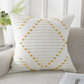 PANOD Knitted Boho Tufted Throw Pillow Covers with Tassel 18x18 inch, Decorative Indoor Outdoor Bohemian Square Cushion case Pillowcase for Couch Sofa Livingroom car Farmhouse Yellow and Cream White