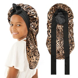 Monopa Kids Long Hair Bonnet for Sleeping - Double Layer Girls Elastic Satin Bonnet with Tie Band for Braid Curly Hair (Leopard+Black)