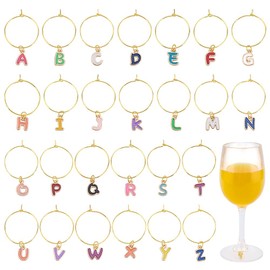 FREEBLOSS 26 Pcs Alphabet Wine Glass Charms Set Letters Wine Glass Charms Drink Markers Charm Rings Markers Tags Identifiers Themed Party Decorations