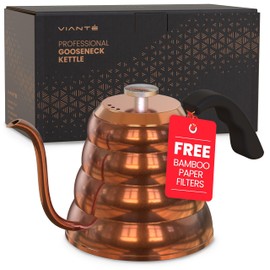 Vianté Gooseneck Stovetop Pour Over Coffee Kettle with Thermometer for Drip Coffee and Tea. Premium Copper Stainless Steel. 40 fl oz. All Coocktops.