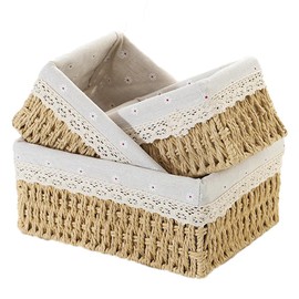 Braided Baskets with Liner for Storage Set of 3,Toilet Paper Basket Storage Bathroom Kitchen Bedroom Decorative Woven Organizing Baskets Wood Color