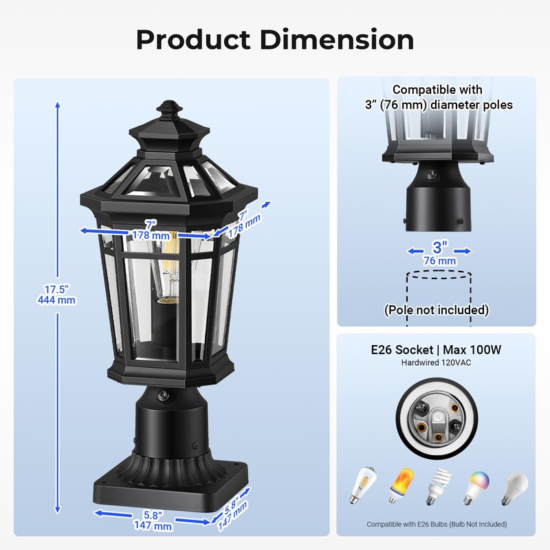 OPAXIS 2-Pack Post Lights Outdoor Hardwired, Modern Black Dusk to