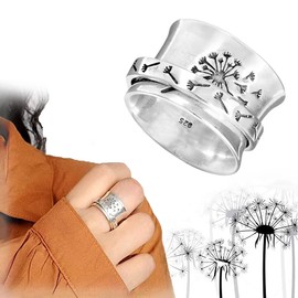 Edinber Dandelion Flower Ring for Women Romantic Fashion Jewelry Stress Anxiety Relief Wide Ring Meditation Ring Jewelry for Women Girls, Metal