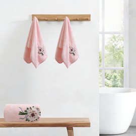 USTIDE 3 Pieces Pink Rose Flora Bath Towel Set, Ultra Soft Coral Fleece Towels Flower Embroidery Bathroom Towels(1 Bath Towel,2 Hand Towels)