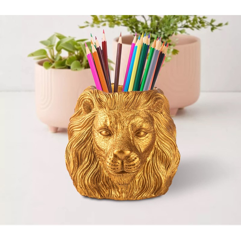 dgudgu Lion Pencil Holder For Desk Golden Pen Holder For