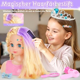 Children's Hairdressing Head Set with Hair Extensions, Hair Accessories & Washable Chalk - Makeup Head for Girls from 3 4 5 6 Years, Doll Head for Hairdressing Children, Christmas Birthday Gifts Toy