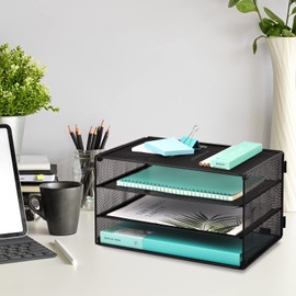 EASEPRES 3 Tier Mesh Desk Organizer Tray, File Paper Letter Folder Holder Desktop Paper Sorter Mail Organization Rack Storage Accessories, for Office Home School Classroom, Black