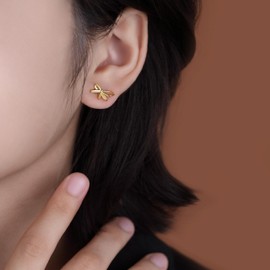 Reffeer Solid 925 Sterling Silver Bow Stud Earrings for Women Teens Small Ribbon Stud Earrings Bowknot (B-18K Gold)