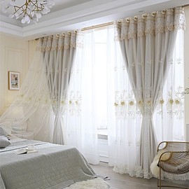 Amidoudou 1 Pair Luxury European Curtains with Valance for Living Room Bedroom Double Layer Embroidered Room Darkening Curtains (Beige,51x90 Inch)