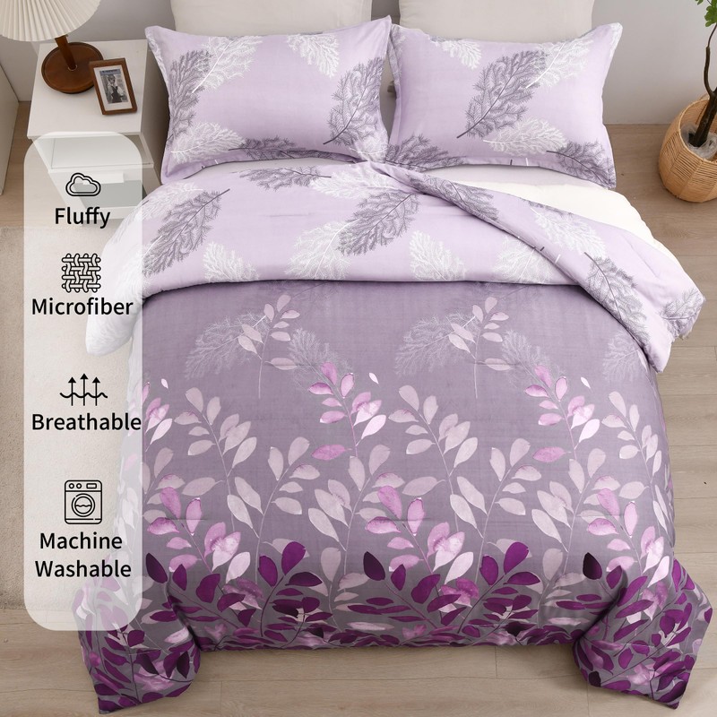 DJY Purple Comforter Set King, Botanical Leaves Comforter for King