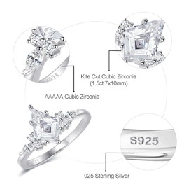 Bonlavie 925 Sterling Silver ring for women, Kite Shaped Cubic Zirconia Ring, Engagement Wedding Promise Ring for Bridal Size J 1/2