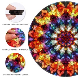 Wooden Puzzles for Adults 500 Pieces, Red Diamond Mandala, Unique Shaped Jigsaw Puzzle, Relaxing Gift for Mom Women, Home Wall Decor, 16.5x16.5 in