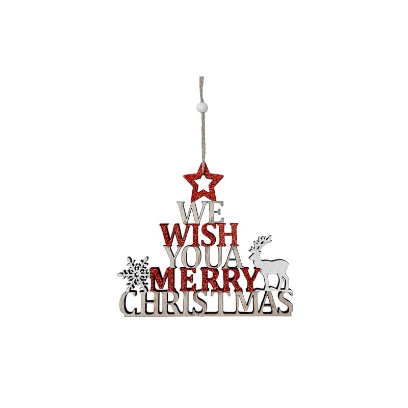 Christmas Wooden Merry Christmas Hanging Sign with Reindeer and Snowflake