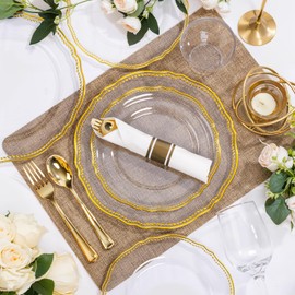 Hioasis 350pcs Clear Gold Plastic Plates - Gold Plastic Dinnerware Set Includes 50 Dinner Plates, 50 Dessert Dinnerware, 50 Cups, 50 Rolled Napkin Cutlery Perfect for Wedding & Party