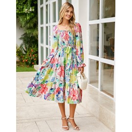 Amegoya Womens Spring Floral Long Sleeve Maxi Dress Square Neck Smocked Tiered Flowy Dress Plus Size(A-Floral 3)