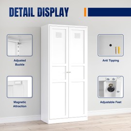 Yizosh Metal Storage Cabinet with 2 Doors and 5 Adjustable Shelves - 71" White Kitchen Pantry Storage Cabinet, 5-Tier Tall Steel Cabinet Locker for Kitchen, Living Room, Dining Room